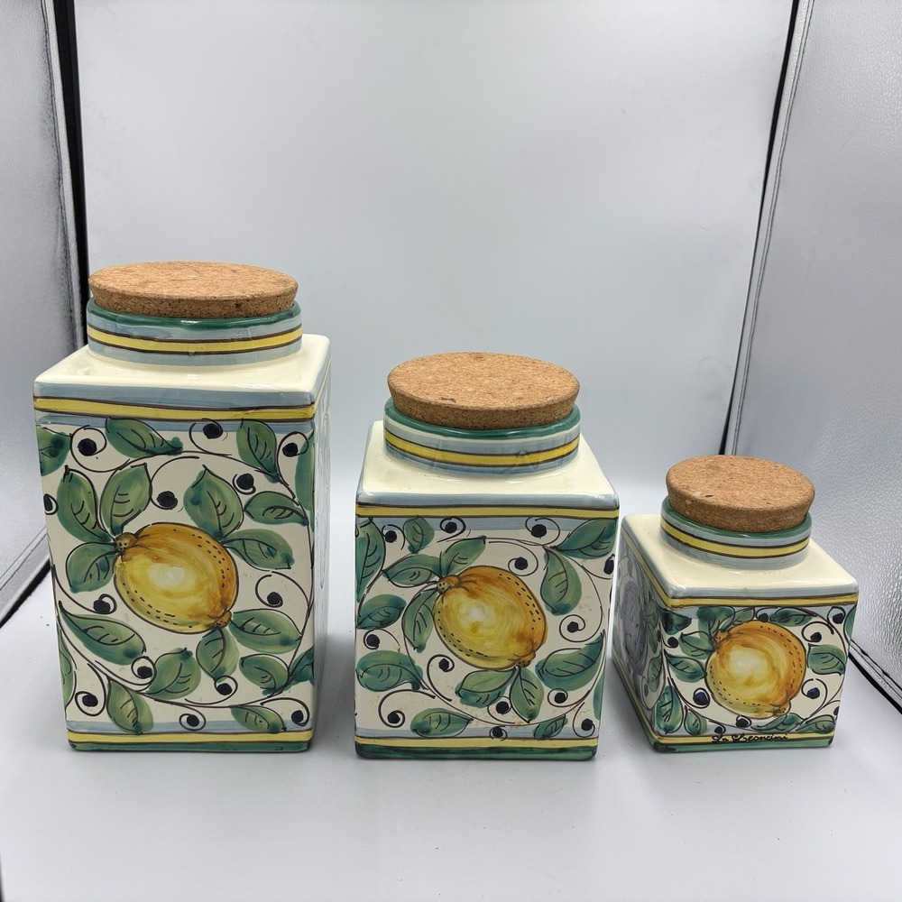 Leoncini Italy Hand Painted Ceramic Canister Set San‎ Gimignano Fruit Cork Lid